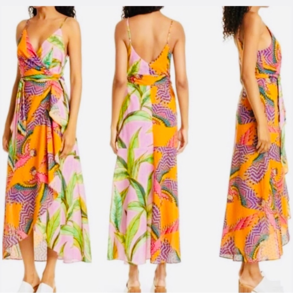 FARM RIO Women’s Beaded Macaws Pink Foliage Mixed Prints Midi Dress. Size M